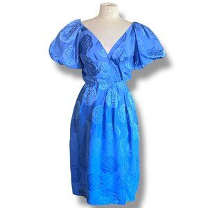 Vintage 1980s Stanley Sherman for I Magnin Dress Sz Small Blue Silk Puff Sleeve